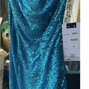 Primavera Couture Blue Sequin Mini Dress with beta cape